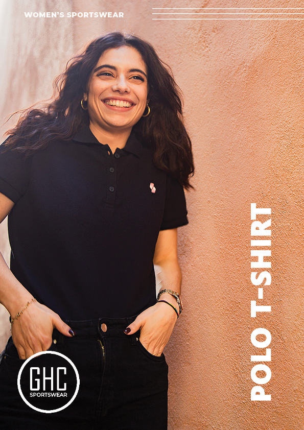 Smiling woman wearing a custom women's polo t-shirt, showcasing a personalized and stylish fit, perfect for casual and professional settings.