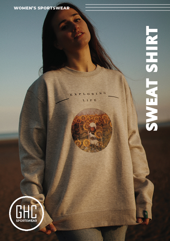 Woman wearing a customizable Women's Sweat Shirt with a unique "Exploring Life" print, standing outdoors.