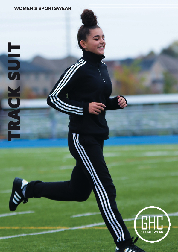 Woman running on a track field wearing a customizable Women's Tracksuit with a sporty design, smiling while in motion.