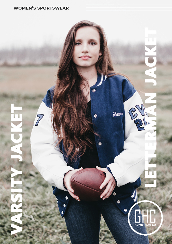 A woman wearing a custom women's varsity jacket, also known as a letterman jacket, in blue and white with the name "Lauren" and holding a football. The image is set in an outdoor field, showcasing the jacket's stylish design. Available at ghcsportswear.com.