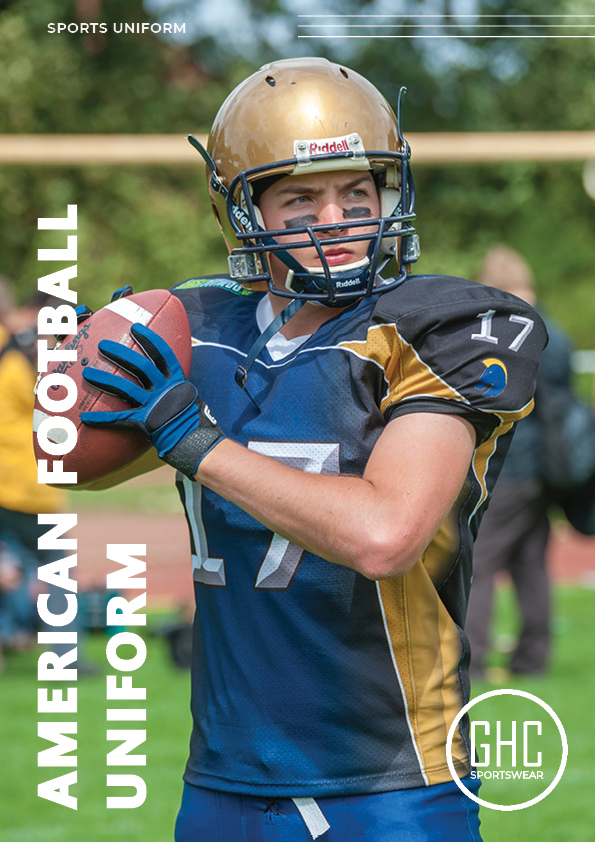 A football player wearing a custom American football uniform, featuring a helmet, shoulder pads, and a jersey with the number 17, holding a football and ready to play. Available at ghcsportswear.com.