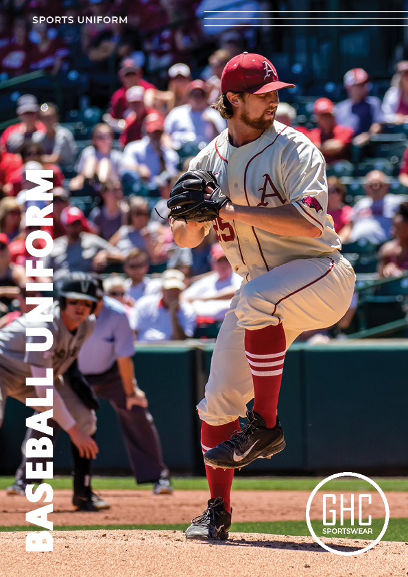 A baseball player in action, wearing a custom baseball uniform in cream and red, pitching during a game with a crowd in the background. Available at ghcsportswear.com.