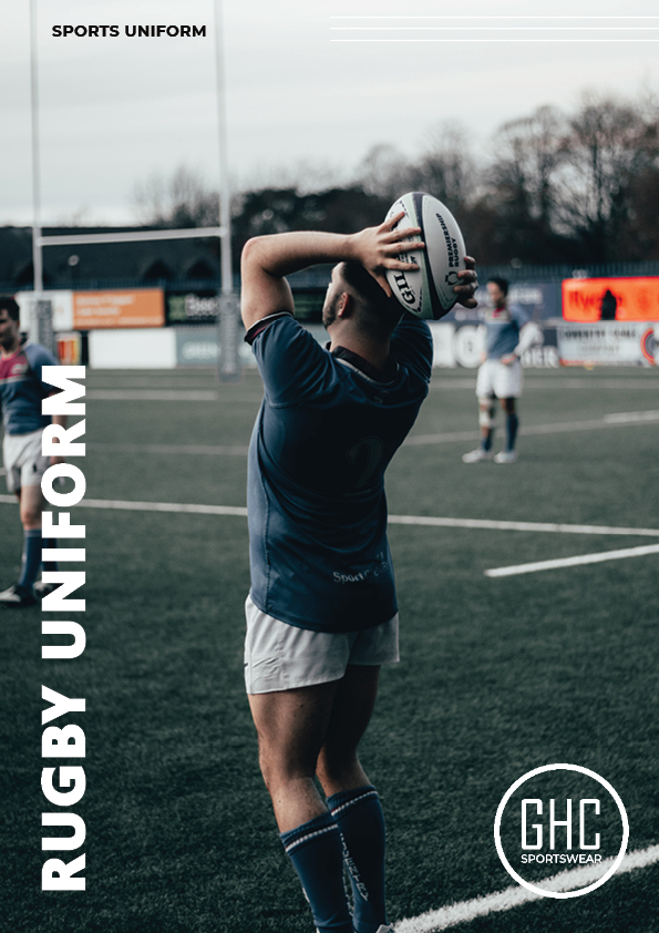 A custom rugby uniform featuring personalized elements such as the team logo, player number, and colors, showcasing the customization options available at GHC Sportswear.