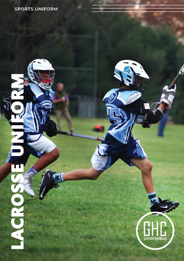 Two young lacrosse players wearing custom uniforms with personalized elements such as team logos, player numbers, and colors, showcasing the customization options available at GHC Sportswear.