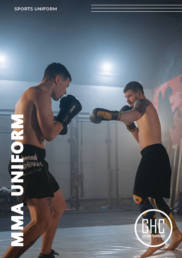 A custom MMA uniform featuring personalized elements such as colors, logos, and designs, demonstrating the extensive customization options available at GHC Sportswear.