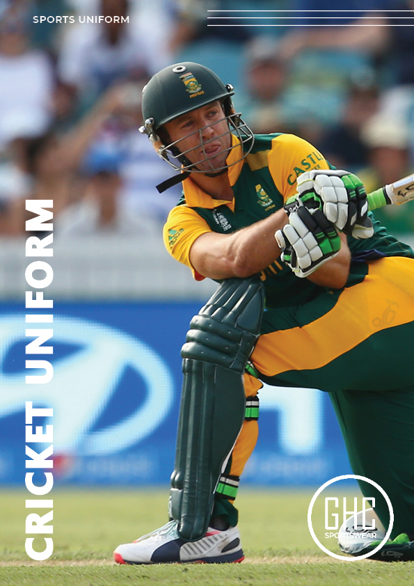 A cricket player wearing a custom cricket uniform in green and yellow, batting during a match with a crowd in the background. Available at ghcsportswear.com.