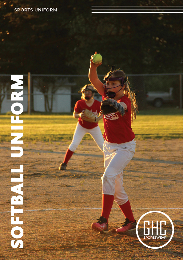 A custom softball uniform featuring a player pitching on a field. The uniform includes a red jersey with a white team logo, white pants, and red socks. The image highlights the personalized elements such as the team logo, showcasing the customization options available from GHC Sportswear.