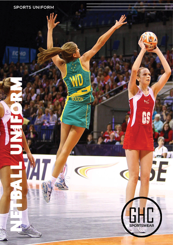 Players wearing custom netball uniforms showcasing personalized elements such as team logos, player numbers, and colors, highlighting the customization options available at GHC Sportswear.