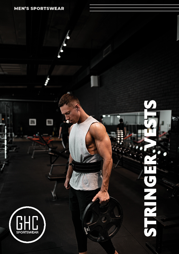 Man wearing a custom men's stringer vest in a gym, lifting weights, showca