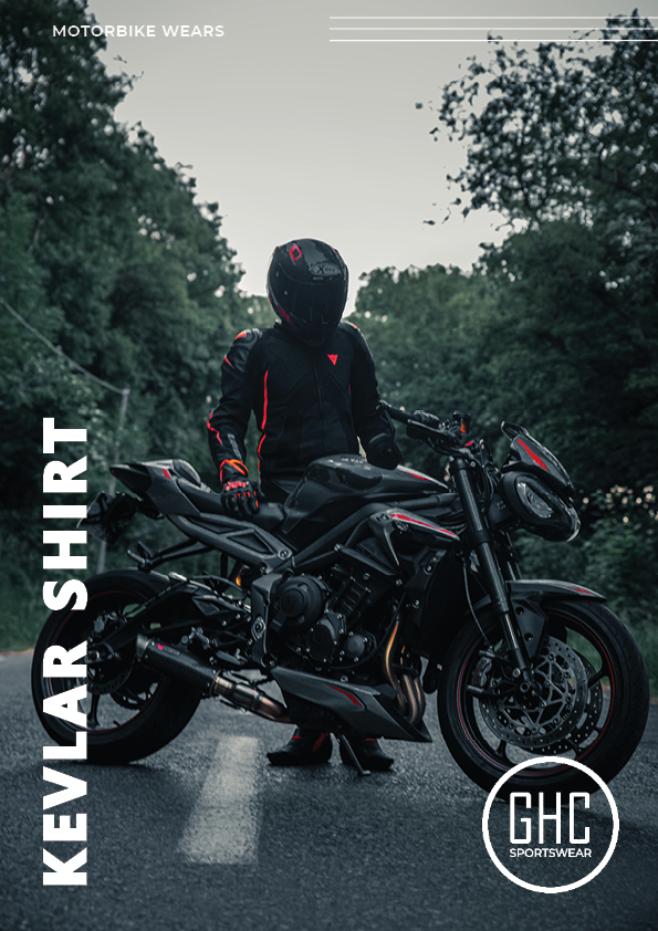 Motorcyclist wearing a custom Kevlar shirt, standing next to a black sports bike on a forest road, showcasing the shirt's protective and stylish design.