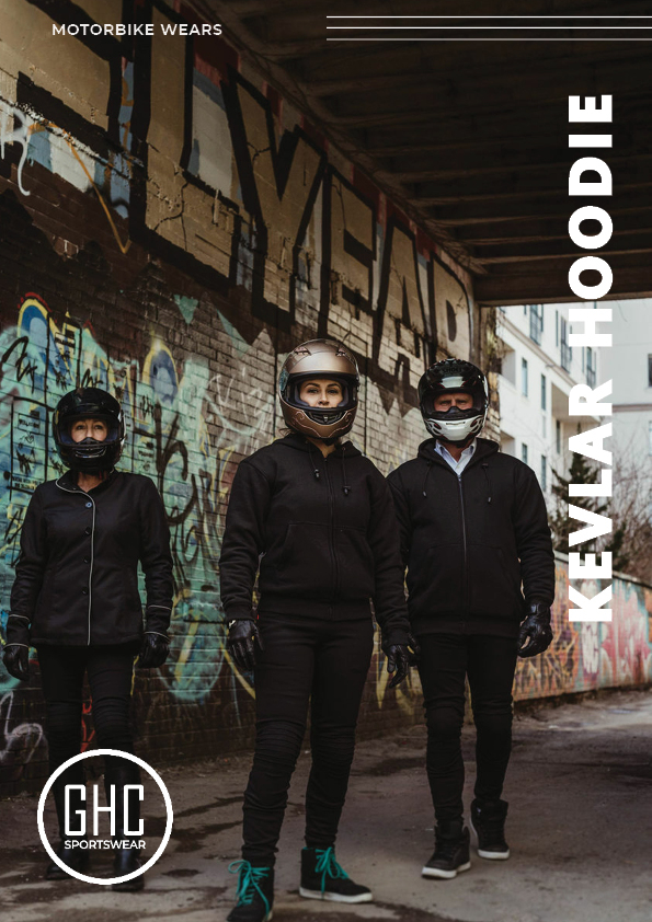 Group of motorbike riders wearing custom Kevlar hoodies, showcasing the stylish and protective design suitable for motorcycle enthusiasts.