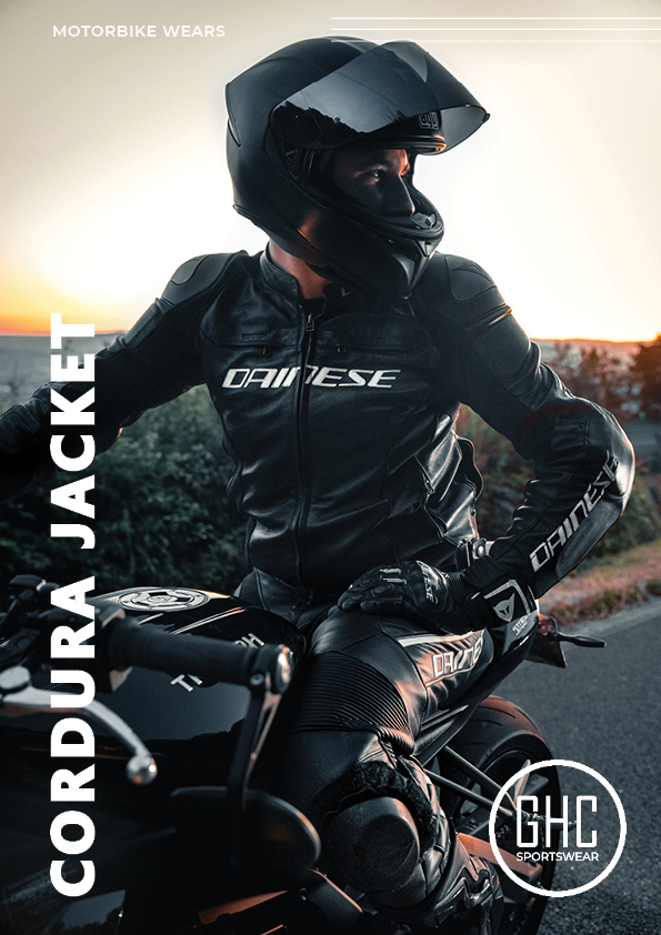 A motorbike rider wearing a custom Cordura jacket, providing superior protection and durability, available at ghcsportswear.com.