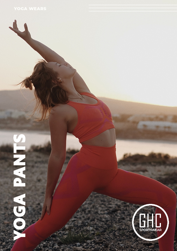 A woman practicing yoga outdoors wearing custom yoga pants from GHC Sportswear. The image highlights the flexibility and style of the pants, emphasizing the customization options available for creating unique, high-quality yoga pants.