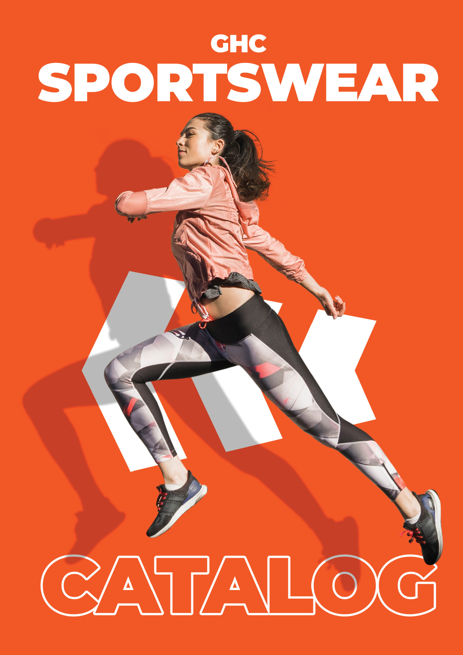 Athletic woman in custom GHC Sportswear jumping energetically, showcasing high-performance sportswear against a vibrant orange background with the text "GHC Sportswear Catalogue."