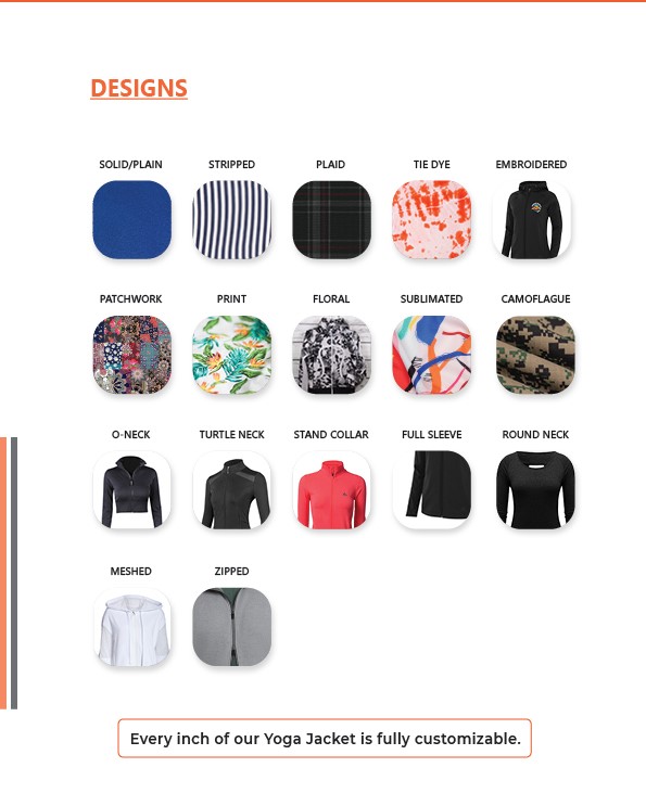 Image showcasing various customizable designs for yoga jackets available at GHC Sportswear, including solid/plain, striped, plaid, tie-dye, embroidered, patchwork, print, floral, sublimated, camouflage, O-neck, turtleneck, stand collar, full sleeve, round neck, meshed, and zipped styles. The text emphasizes the full customization options for creating a unique, high-quality yoga jacket.