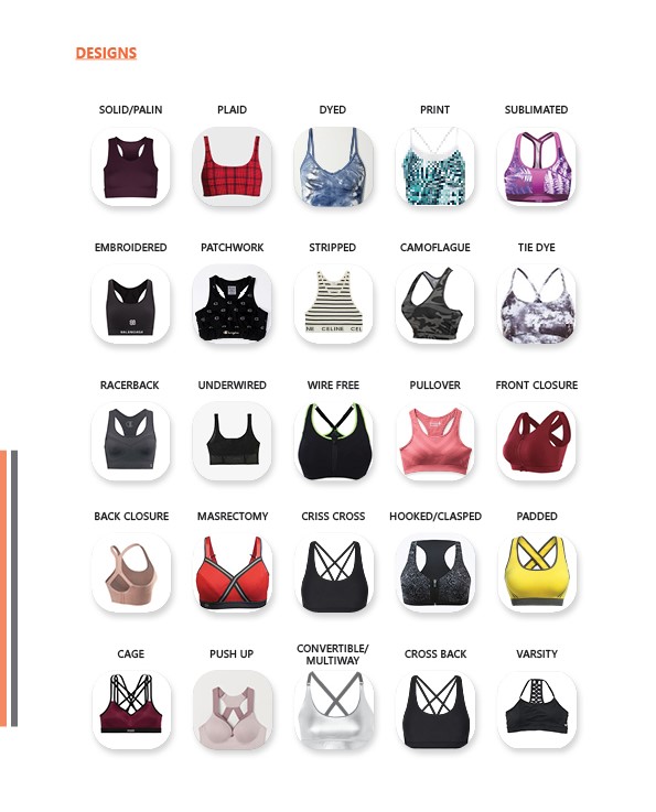 Image showcasing various customizable designs for yoga tops and bras available at GHC Sportswear, including solid, plaid, dyed, print, sublimated, embroidered, patchwork, striped, camouflage, tie-dye, racerback, underwired, wire-free, pullover, front closure, back closure, mastectomy, criss-cross, hooked/clasped, padded, cage, push-up, convertible/multiway, cross-back, and varsity styles.