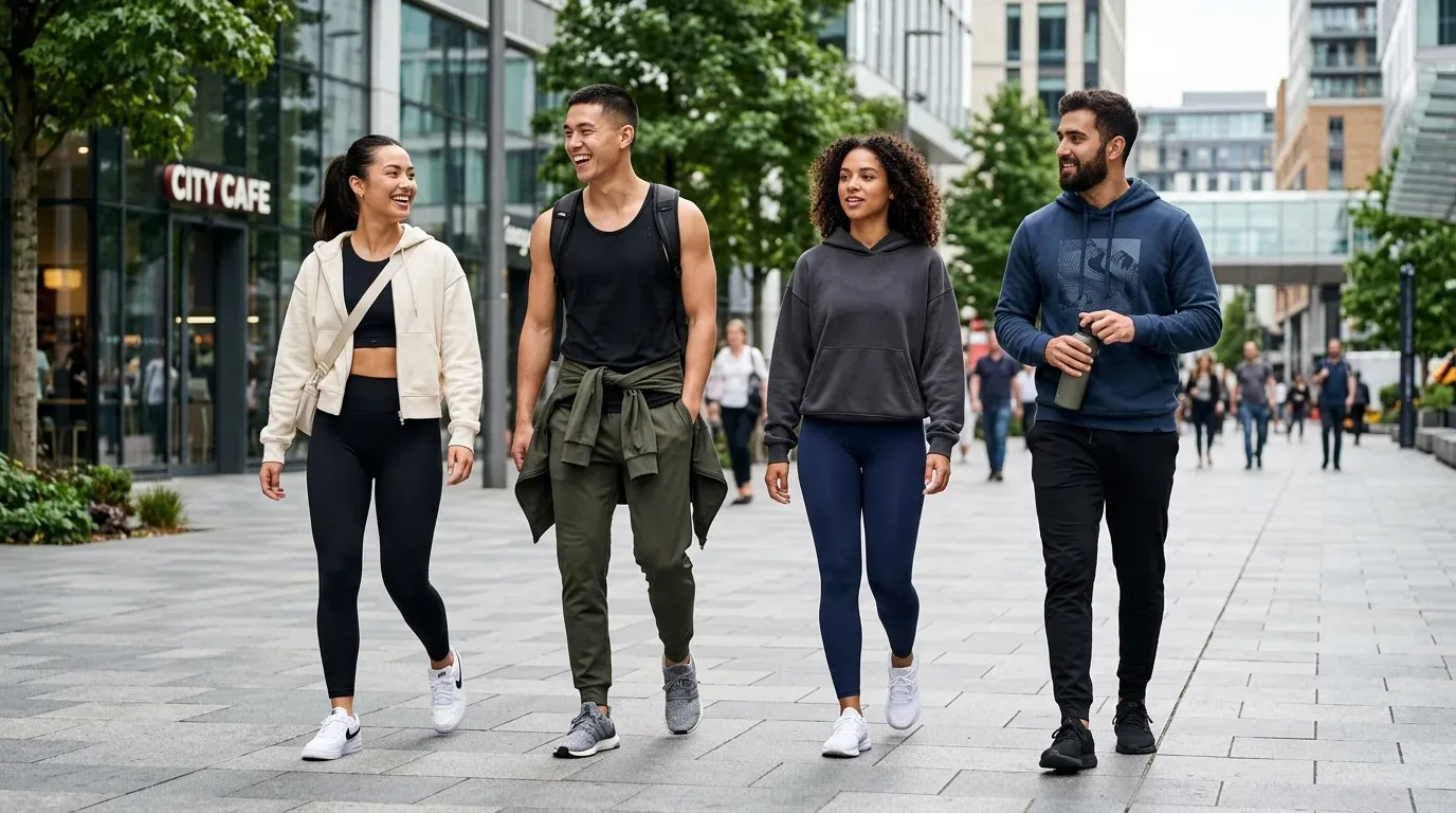 the athleisure trend: how sportswear became everyday wear 17 Athleisure sportswear with leggings, joggers, hoodies, sports bras, tracksuits, and sneakers for everyday fashion.