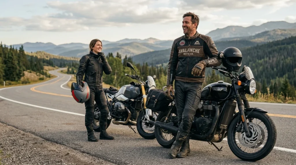 Custom motorbike gear with protective motorcycle jackets, riding pants, gloves, and branded biker apparel.