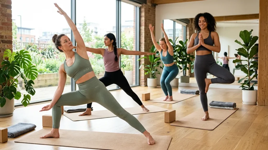 Custom yoga apparel with high-waist leggings, sports bras, and yoga tops for brands and studios.
