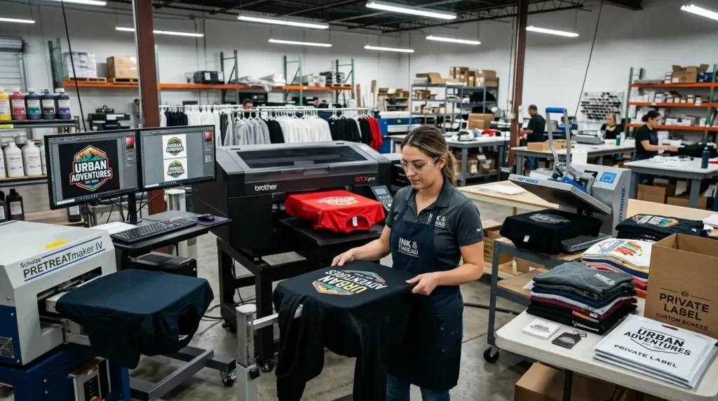 dtg printing: a practical guide for custom apparel brands 2 DTG printing for custom apparel with cotton T-shirts, hoodies, digital artwork, and quality inspection.