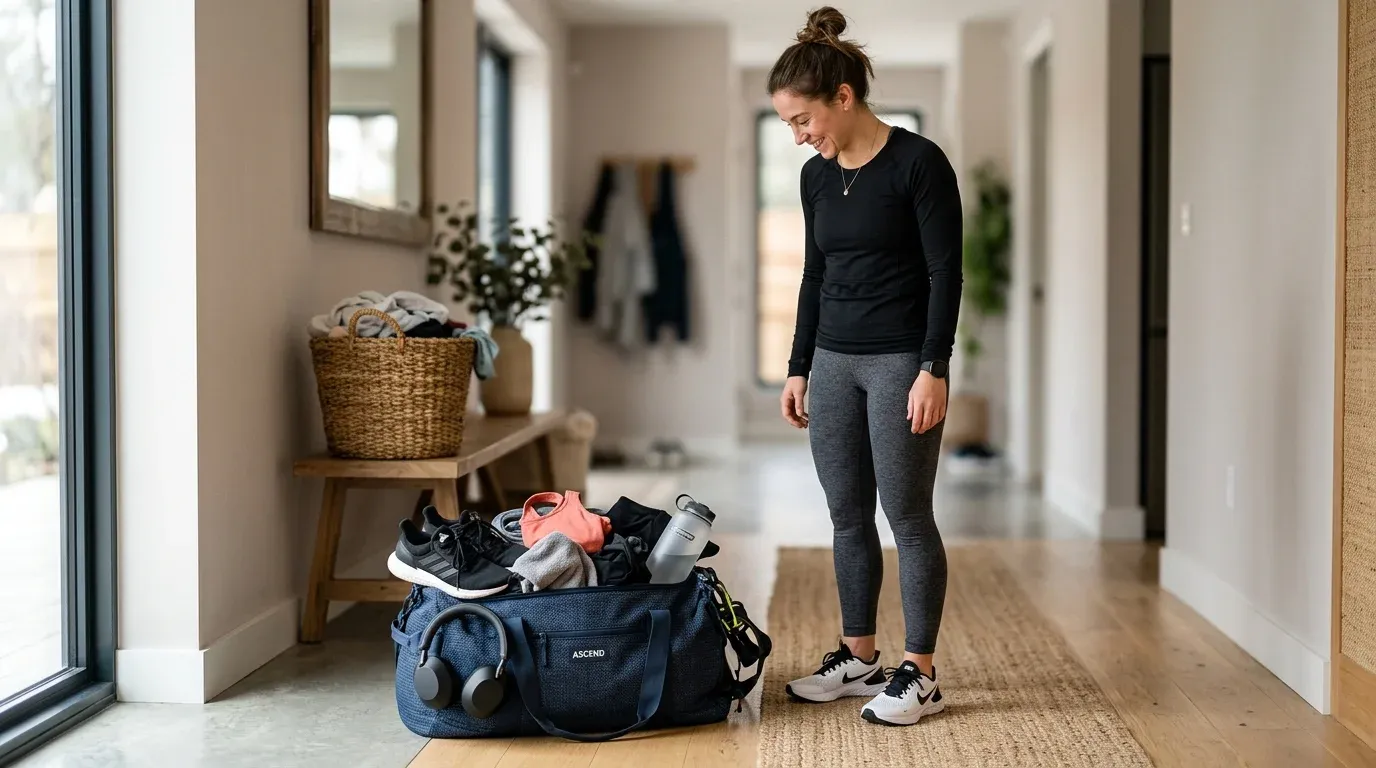 funniest excuses for skipping the gym: 15 relatable reasons people avoid workouts 2 Funniest excuses for skipping the gym with workout clothes, sneakers, headphones, and gym bag.