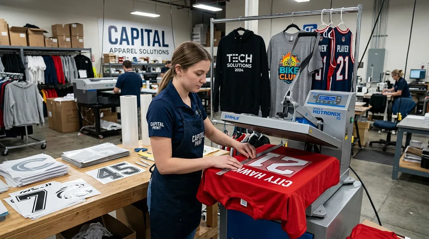 heat transfer printing: when to use it for custom apparel 12 Heat transfer printing for custom apparel with T-shirts, hoodies, sports jerseys, logos, and player numbers.