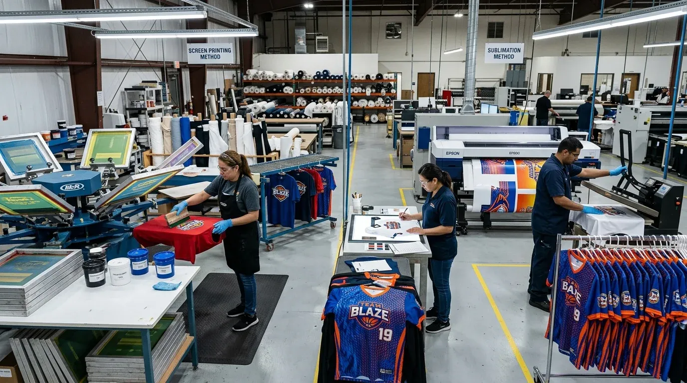 Screen printing vs sublimation comparison for custom sportswear and team uniforms.