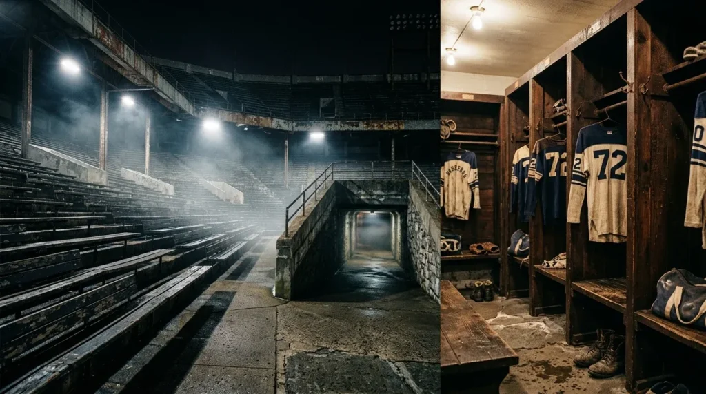 sports ghost stories: haunted stadiums and cursed teams in sports folklore 2 Sports ghost stories with haunted stadium atmosphere, vintage team jerseys, and historic sports folklore.