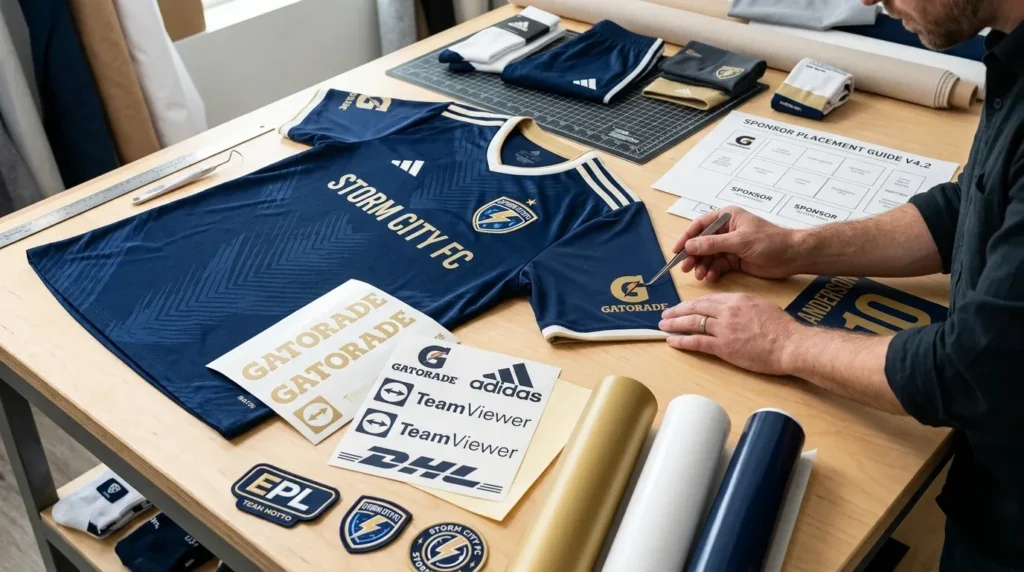 Strangest sponsorship deals in sports shown through sponsor logos, custom jerseys, and sports marketing apparel.