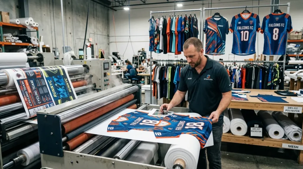 Sublimation printing for custom sportswear, polyester jerseys, team uniforms, and activewear.