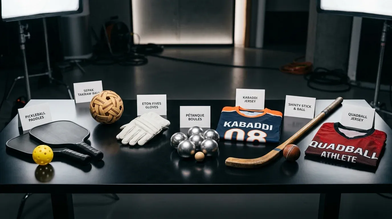 weird sports names: the strange origins behind famous and unusual games 3 Weird sports names shown through pickleball, kabaddi, sepak takraw, shinty, pétanque, Eton Fives, and quadball equipment.