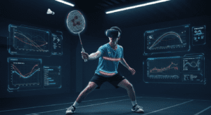 A badminton player practicing with VR goggles in a futuristic virtual court, with digital screens displaying shuttlecock trajectory, player stats, and training analytics, highlighting the role of virtual reality in badminton training.