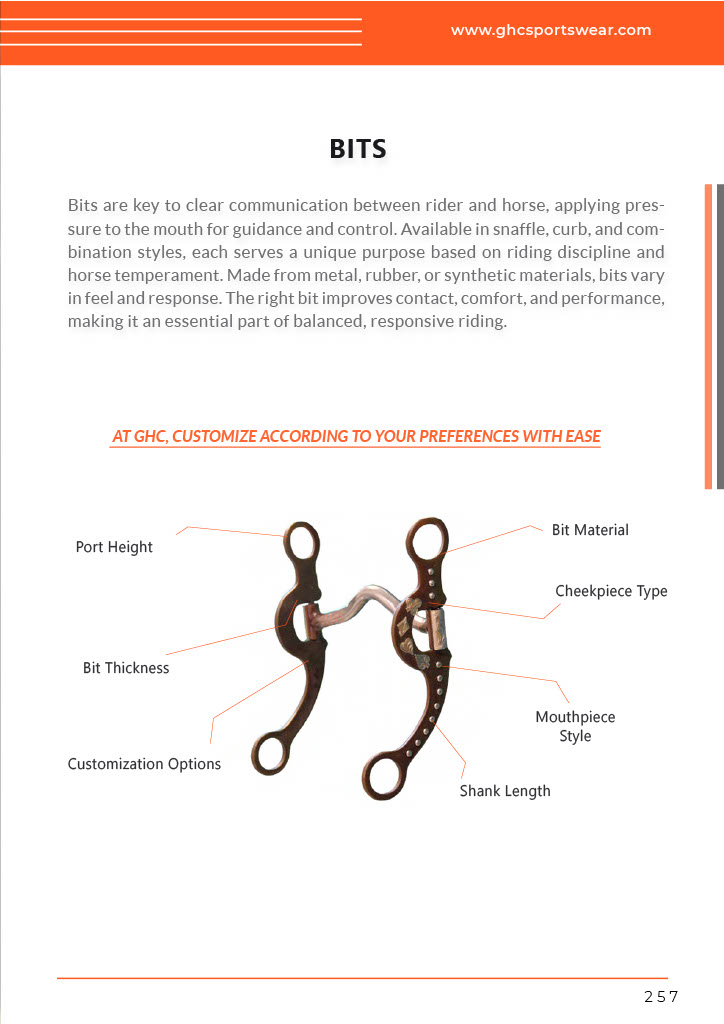 A detailed image showing a horse with a black bridle and a bit, highlighting customization options like Port Height, Bit Thickness, Cheekpiece Type, Mouthpiece Style, and Shank Length. The background includes a blurred outdoor setting with trees, and text overlays include "BITS" and "AT GHC, CUSTOMIZE ACCORDING TO YOUR PREFERENCES WITH EASE" with the GHC Sportswear® logo. The focus is on custom wholesale horse bit customization.