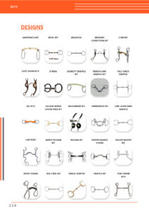 A catalog image displaying various designs of horse bits, including Anatomica Bit, Bevel Bit, Bradoon, Brushed Correction Bit, and others like D-Ring, Eggbutt Snaffle, and Full Check Snaffle. The background is white with orange text "BITS" and "DESIGNS" at the top, and a circular logo with "GHC Sportswear®" at the bottom. The focus is on custom wholesale horse bit designs.