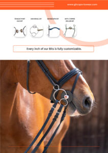 A close-up image of a horse’s head with a black bridle and a bit, featuring customizable bit types like Tongue Port Gag Bit, Universal Bit, Weymouth Bit, and With Copper Roller Bit. The background is a blurred outdoor setting with trees, and text includes "Every inch of our Bits is fully customizable" with the GHC Sportswear® logo and website. The focus is on custom wholesale horse bit varieties.