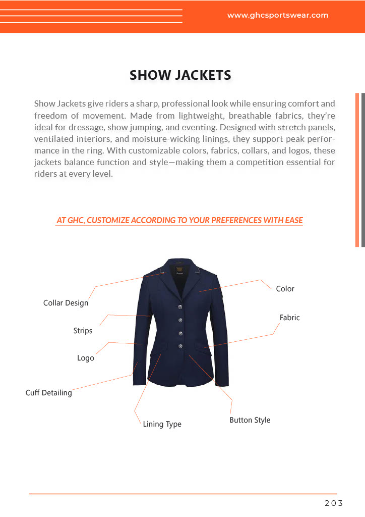 A professional rider wearing a custom navy equestrian show jacket by GHC Sportswear®, designed for competition use in dressage and show jumping. The jacket features a structured fit, breathable stretch fabric, and customizable options for color, buttons, and logo branding. Image text reads “SHOW JACKETS / GHC SPORTSWEAR.” This image represents OEM and private-label equestrian apparel production for wholesale buyers and distributors.