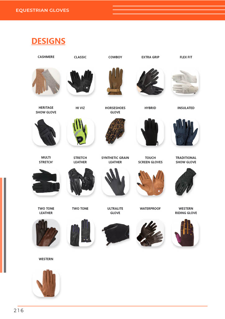 Catalog display from GHC Sportswear® showing a wide range of custom equestrian glove designs for OEM and wholesale buyers. Featured types include cashmere, classic, cowboy, extra grip, flex fit, heritage show, hybrid, insulated, leather, touch screen, waterproof, and western riding gloves. The image highlights custom manufacturing, material options, and private label flexibility for B2B equestrian apparel clients.