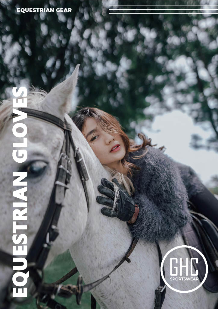 A rider wearing custom equestrian gloves by GHC Sportswear® rests on a white horse, photographed outdoors with a soft-focus forest background. The gloves are sleek and durable, designed for grip, flexibility, and comfort. Text on the image reads “EQUESTRIAN GEAR / EQUESTRIAN GLOVES.” The photo promotes OEM and wholesale equestrian glove manufacturing for B2B buyers, distributors, and private-label brands.