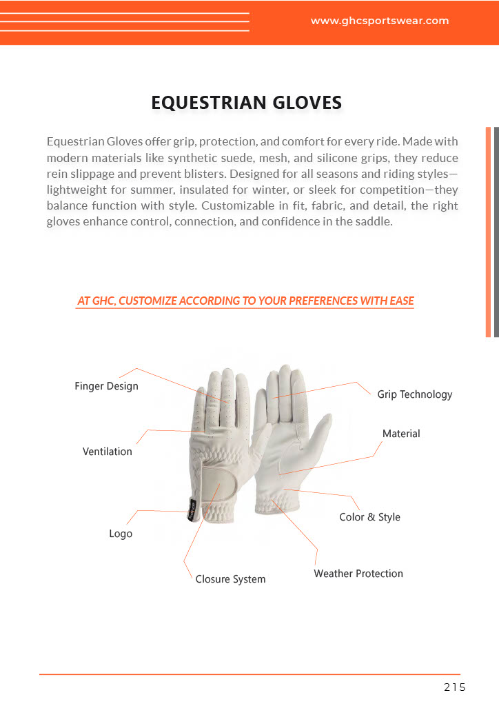 A labeled product layout from GHC Sportswear® showing custom equestrian riding gloves with highlighted features such as finger design, grip technology, material, color, ventilation, logo placement, closure system, and weather protection. The image focuses on OEM and private-label customization for wholesale equestrian apparel buyers and importers.