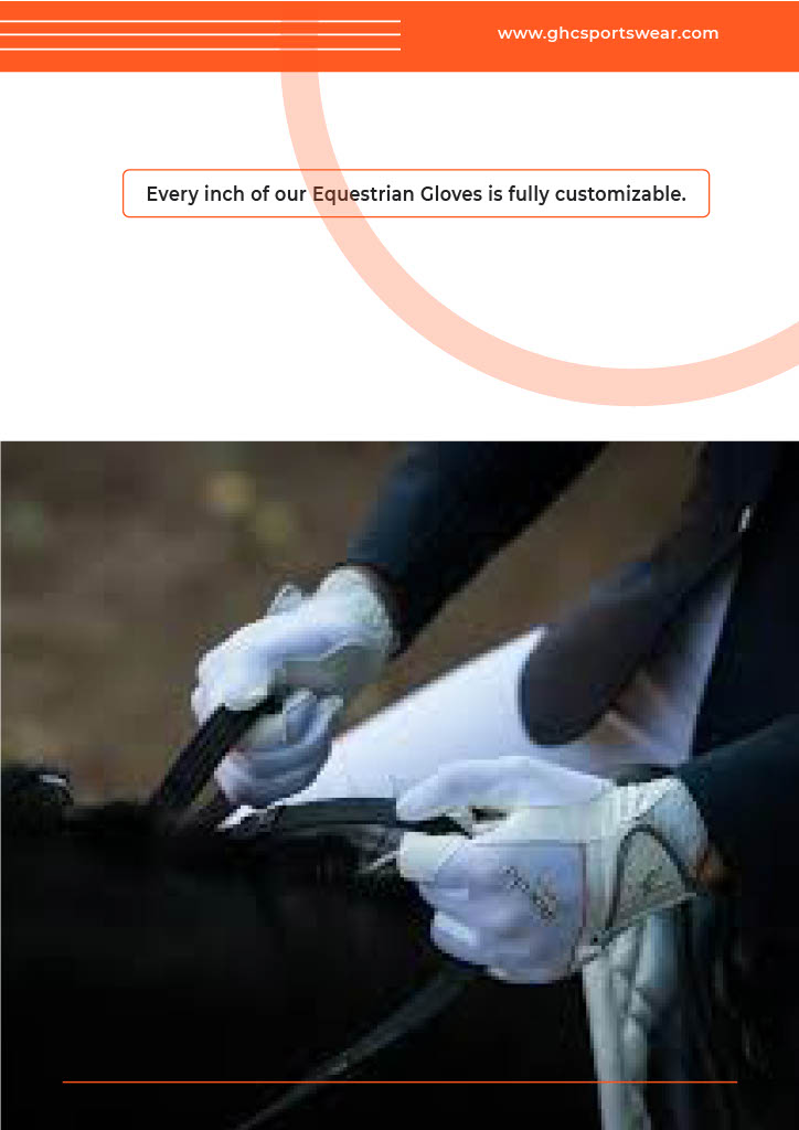 Close-up image of a rider wearing custom white equestrian gloves by GHC Sportswear® while holding horse reins. The gloves show sleek stitching, reinforced grip panels, and precision fit — ideal for professional riding and competition use. Text reads “Every inch of our Equestrian Gloves is fully customizable.” The photo promotes OEM and private label glove production for B2B equestrian apparel distributors and importers.