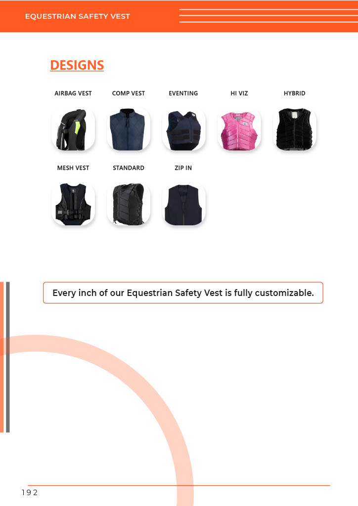 Catalog page from GHC Sportswear® showing a range of custom equestrian safety vest designs for OEM and wholesale buyers. Featured models include Airbag Vest, Competition Vest, Eventing Vest, Hi-Viz Vest, Hybrid Vest, Mesh Vest, Standard Vest, and Zip-In Vest. The page highlights customizable equestrian body protectors for B2B safety gear importers and distributors.