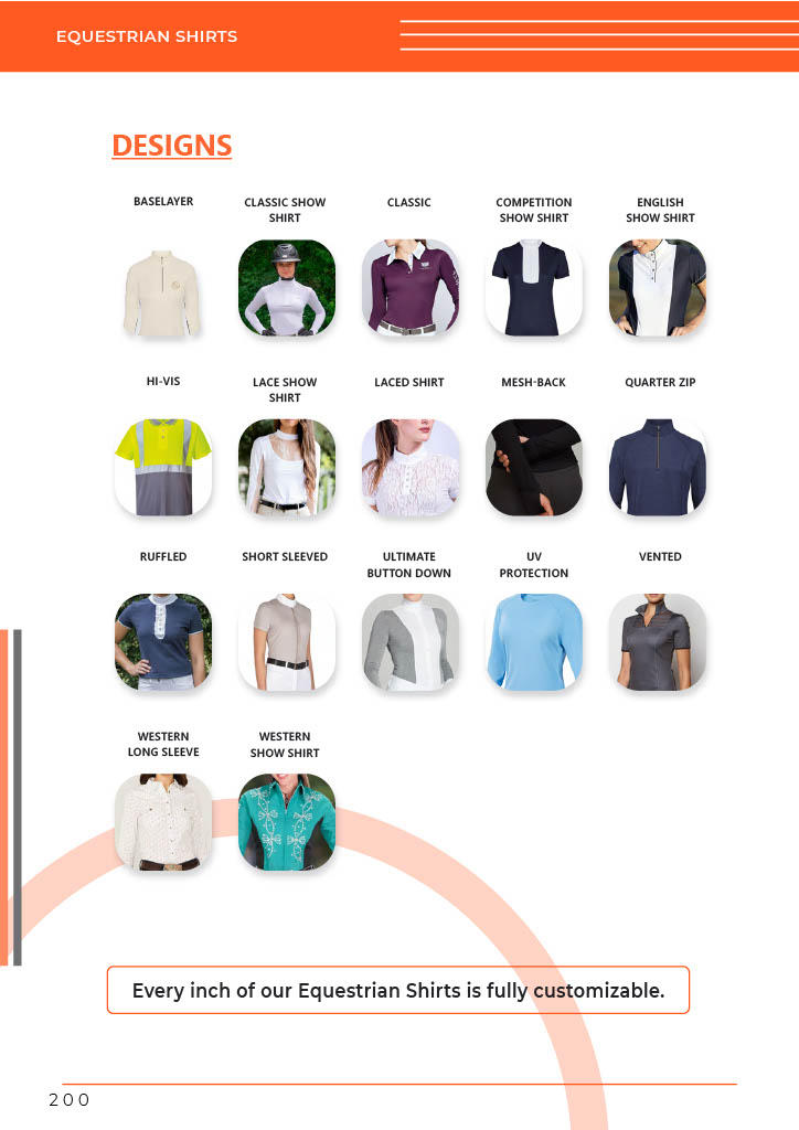 A detailed grid of custom equestrian shirt designs by GHC Sportswear®, including classic show shirts, mesh-back, UV-protection, quarter zip, lace show shirts, and western styles. Each shirt can be customized for OEM and private-label production, with options in color, fabric, and design style for global equestrian apparel brands.