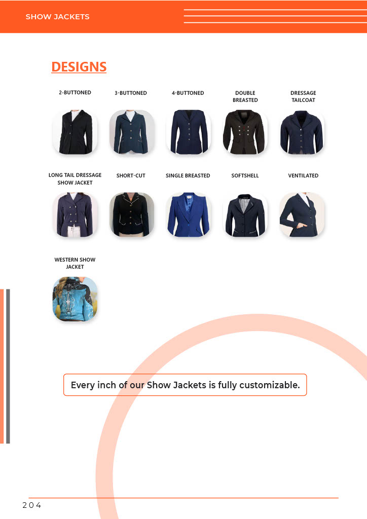 A detailed product grid showing multiple equestrian show jacket designs by GHC Sportswear®, including 2-buttoned, 3-buttoned, 4-buttoned, double-breasted, dressage tailcoat, short-cut, softshell, and ventilated jackets. Each style is made for professional riders and OEM buyers seeking custom equestrian apparel manufacturing solutions.