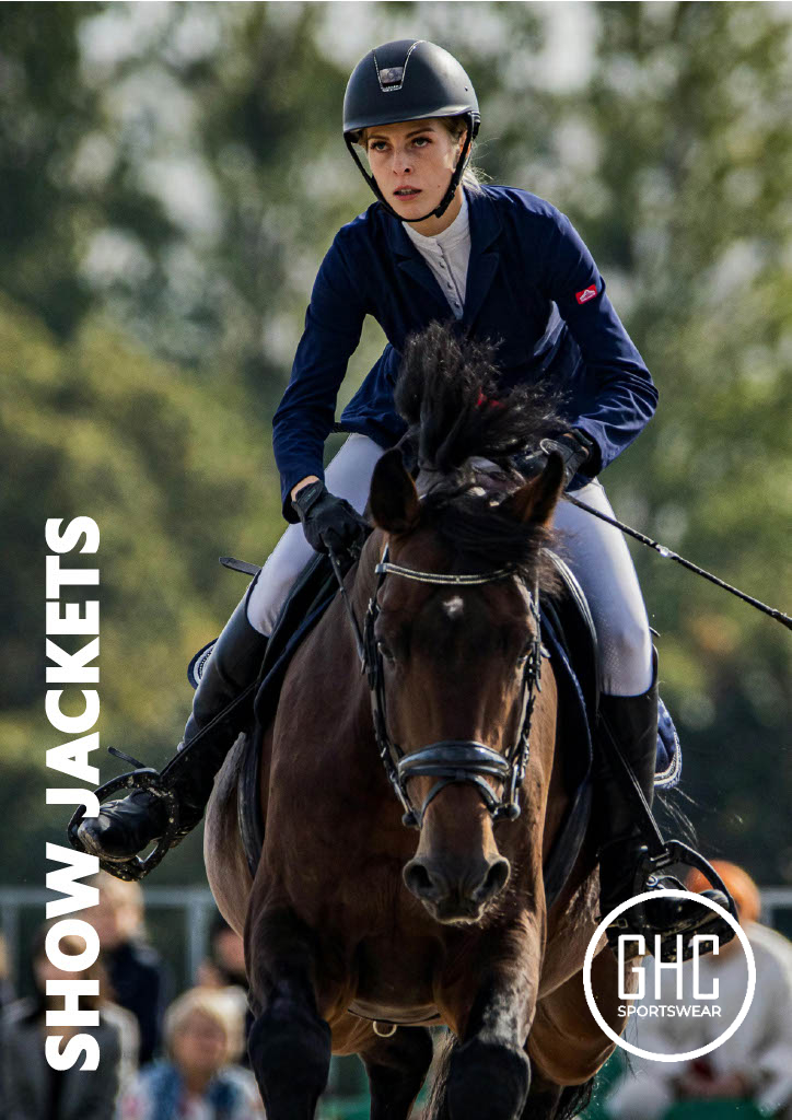 A rider wearing a technical equestrian show jacket by GHC Sportswear®, designed for competition performance and comfort. The jacket features a fitted cut, flexible fabric, and elegant detailing — available for OEM and private-label production for equestrian apparel brands and distributors.