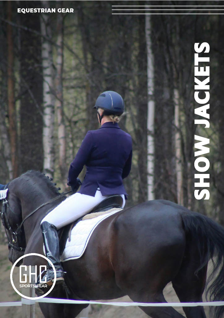 Back view of a rider wearing a tailored equestrian show jacket by GHC Sportswear®, showcasing precise fit, structure, and elegance. Designed for competition riders, this jacket is available for OEM and private-label manufacturing with custom fabric, lining, and design options.
