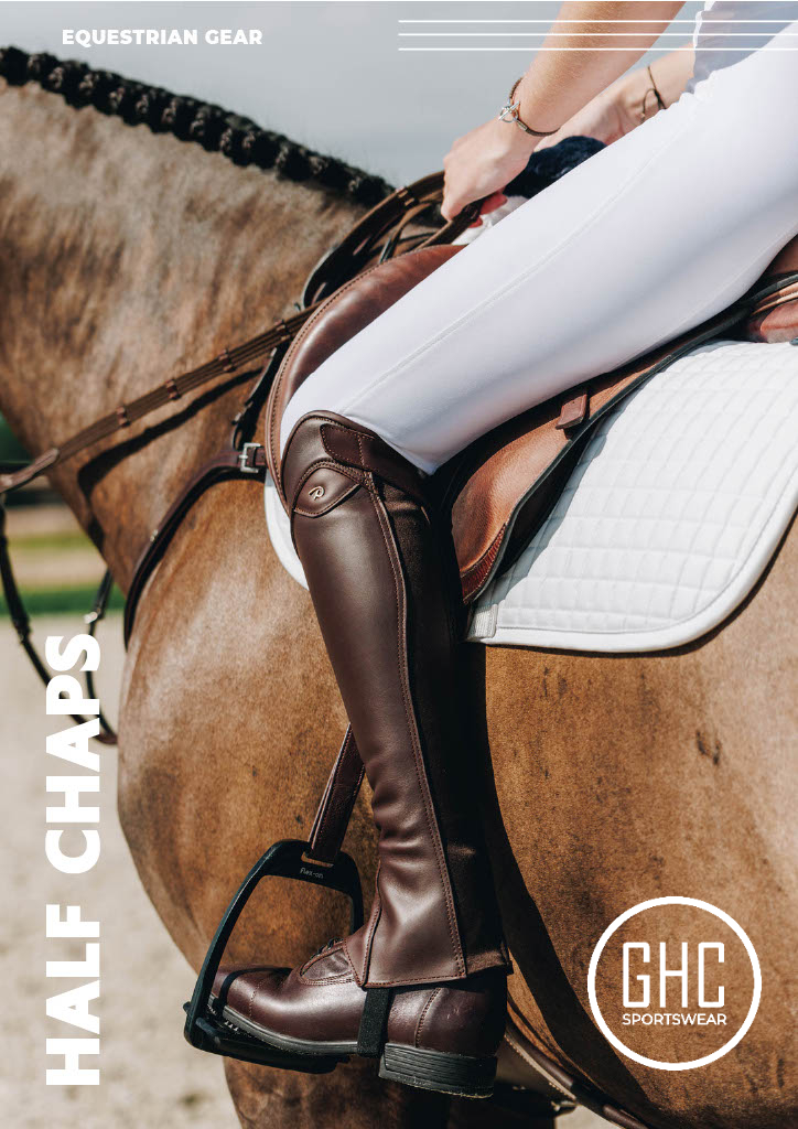 A rider wearing browm leather half chaps by GHC Sportswear® while mounted on a horse. The image highlights a custom OEM equestrian gear design with a contoured fit, durable zipper closure, and sleek riding finish for private-label production.