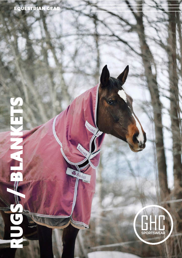 A horse wearing a custom GHC Sportswear® equestrian blanket in an outdoor winter setting. The image highlights a durable waterproof horse rug with secure front closures, neck cover, and branded straps. Text on the image reads “EQUESTRIAN GEAR” and “RUGS / BLANKETS,” emphasizing wholesale horse blankets available for OEM, private label, and export supply through GHC Sportswear®.