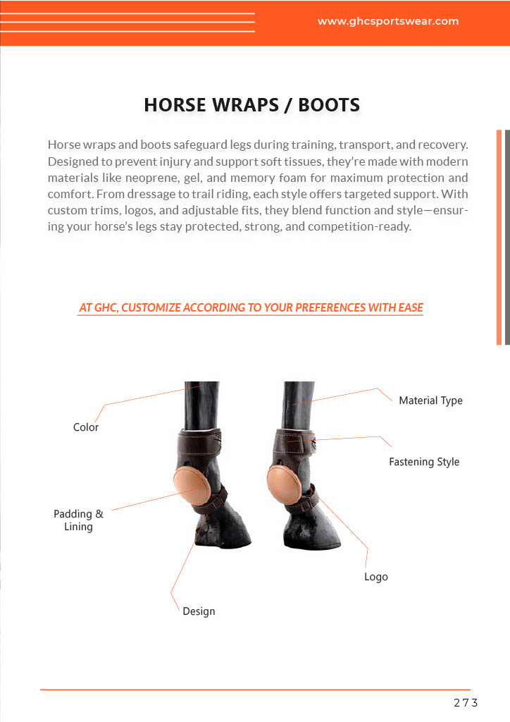 Product image showing customizable horse boots by GHC Sportswear®, highlighting labeled features such as color, padding, fastening style, and material type, designed for OEM equestrian gear manufacturing.