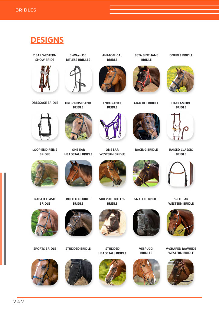 Catalog page from GHC Sportswear® displaying multiple custom horse bridle designs for OEM and wholesale buyers. The image includes styles such as Anatomical Bridle, Beta Biothane Bridle, Dressage Bridle, Endurance Bridle, Hackamore Bridle, Snaffle Bridle, Sidepull Bitless Bridle, and Western Show Bridles. Each model highlights different fits, materials, and noseband types, showing GHC Sportswear’s OEM customization capabilities for equestrian tack distributors and importers.