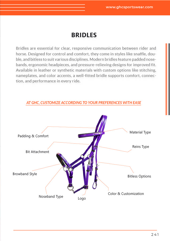 A labeled product layout from GHC Sportswear® showing a custom horse bridle with detailed customization options. The diagram highlights padding and comfort, material type, reins, bit attachment, noseband and browband style, logo placement, and color customization. Text reads “At GHC, customize according to your preferences with ease.” Designed for OEM equestrian gear buyers, tack importers, and wholesale suppliers.